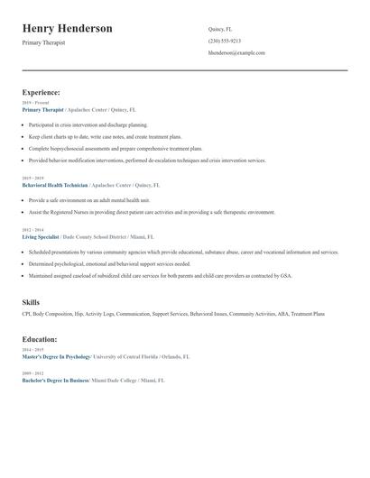 Primary Therapist Resume