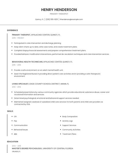 Primary Therapist Resume