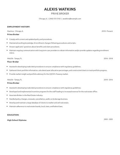 Prime Broker Resume
