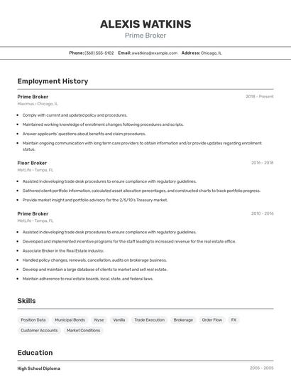 Prime Broker Resume
