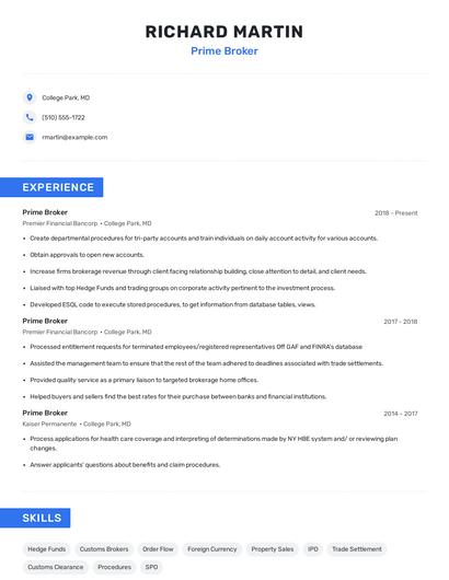 Prime Broker Resume