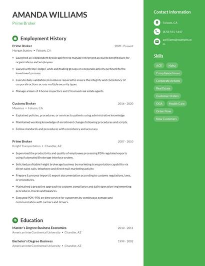 Prime Broker Resume