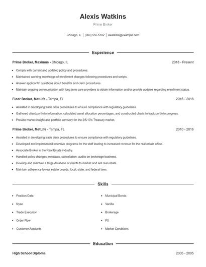 Prime Broker Resume
