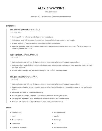Prime Broker Resume