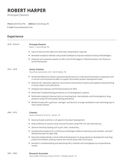 Principal Chemist Resume