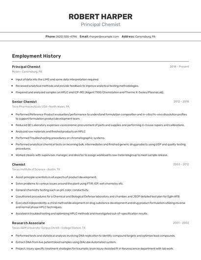 Principal Chemist Resume