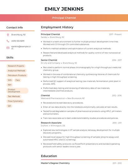 Principal Chemist Resume