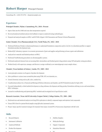 Principal Chemist Resume