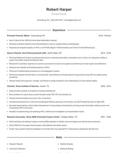 Principal Chemist Resume