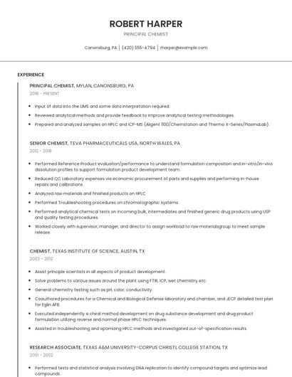 Principal Chemist Resume