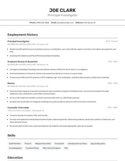 Principal Investigator Resume