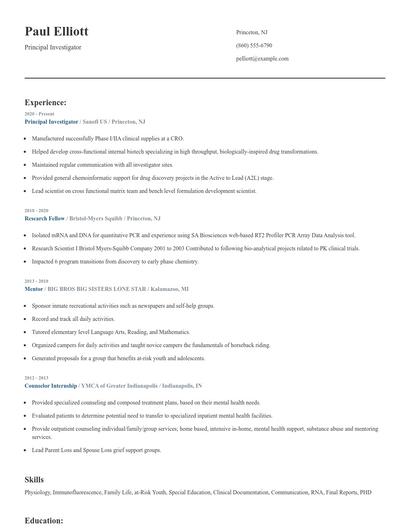 Principal Investigator Resume
