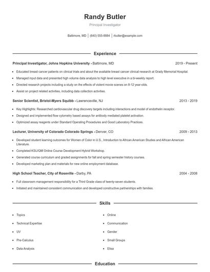 Principal Investigator Resume
