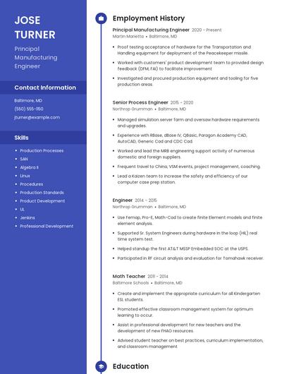 Principal Manufacturing Engineer Resume
