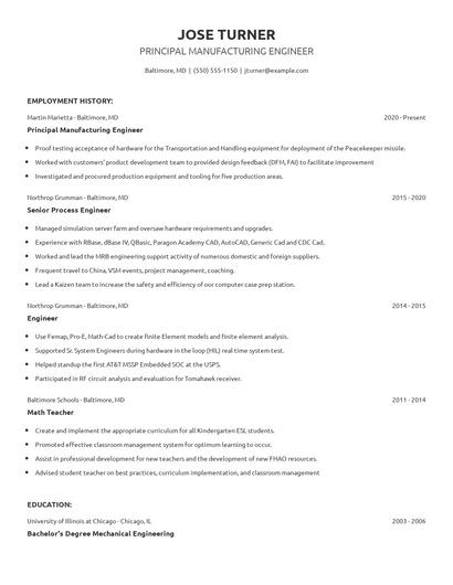 Principal Manufacturing Engineer Resume
