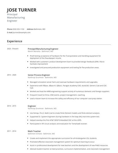 Principal Manufacturing Engineer Resume