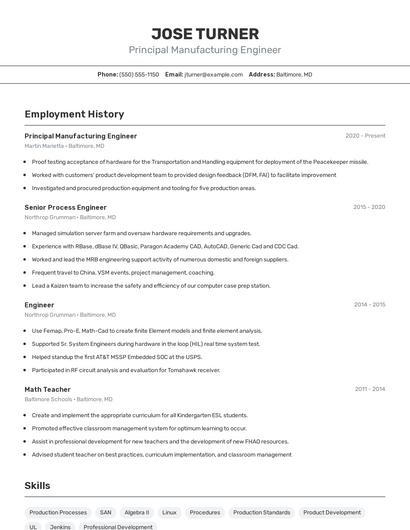 Principal Manufacturing Engineer Resume