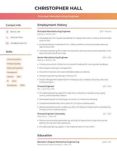 Principal Manufacturing Engineer Resume