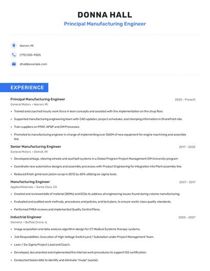 Principal Manufacturing Engineer Resume