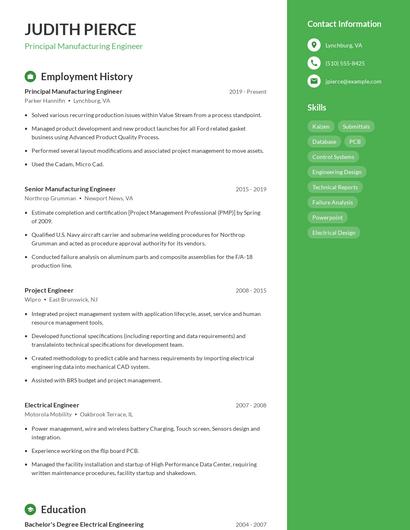 Principal Manufacturing Engineer Resume