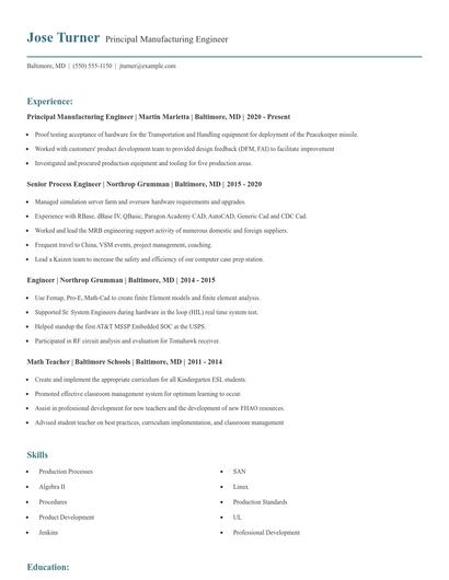 Principal Manufacturing Engineer Resume