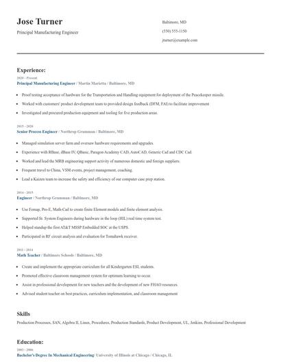Principal Manufacturing Engineer Resume