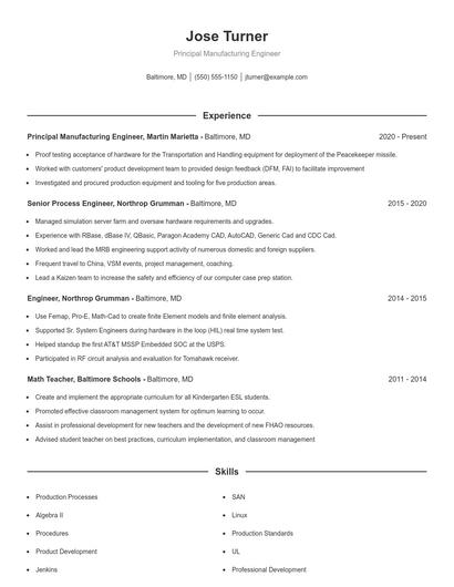 Principal Manufacturing Engineer Resume