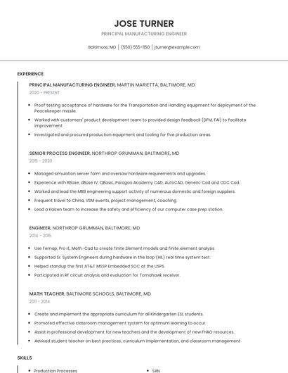 Principal Manufacturing Engineer Resume