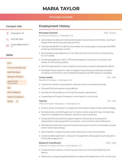 Principal Scientist Resume