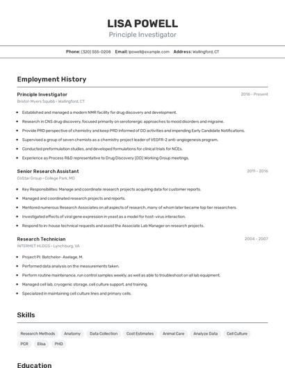 Principle Investigator Resume