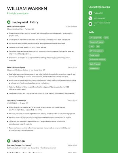 Principle Investigator Resume