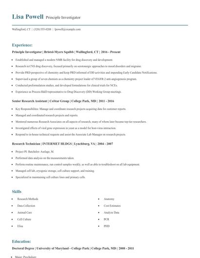 Principle Investigator Resume
