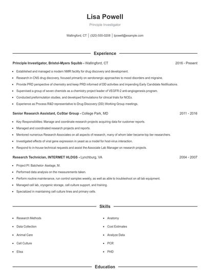Principle Investigator Resume