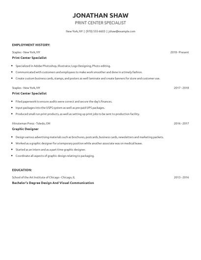 Print Center Specialist Resume