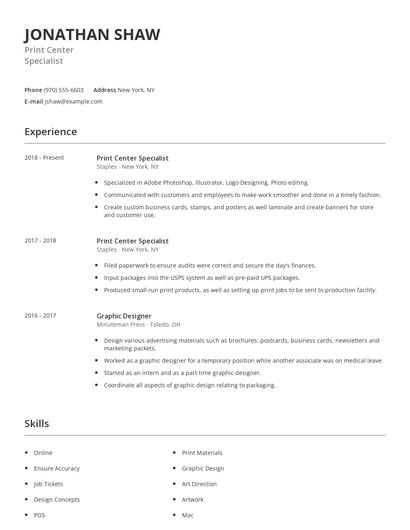 Print Center Specialist Resume
