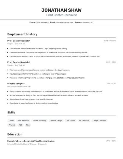 Print Center Specialist Resume