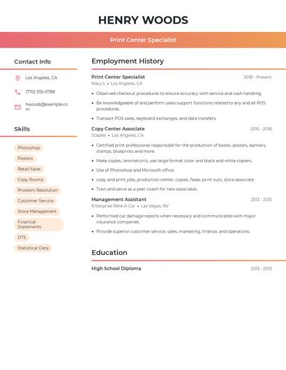 Print Center Specialist Resume