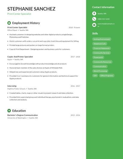 Print Center Specialist Resume