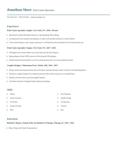 Print Center Specialist Resume
