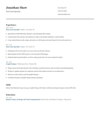 Print Center Specialist Resume