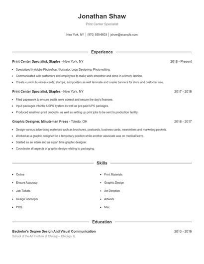 Print Center Specialist Resume