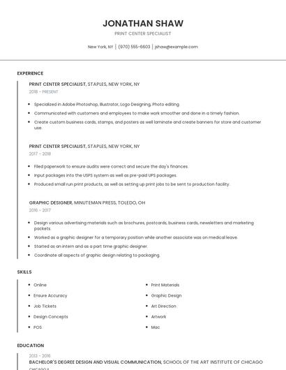 Print Center Specialist Resume