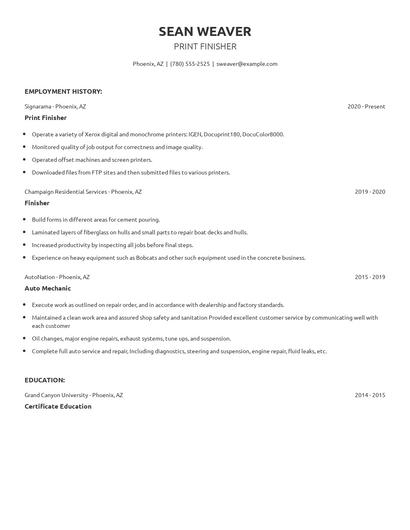 Print Finisher Resume