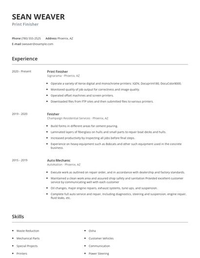 Print Finisher Resume