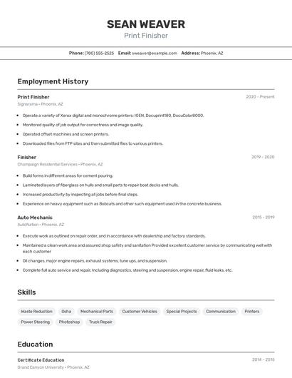 Print Finisher Resume