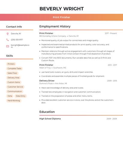 Print Finisher Resume