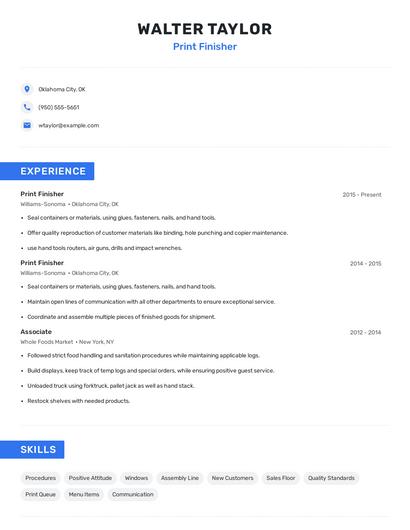 Print Finisher Resume