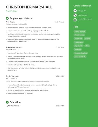 Print Finisher Resume