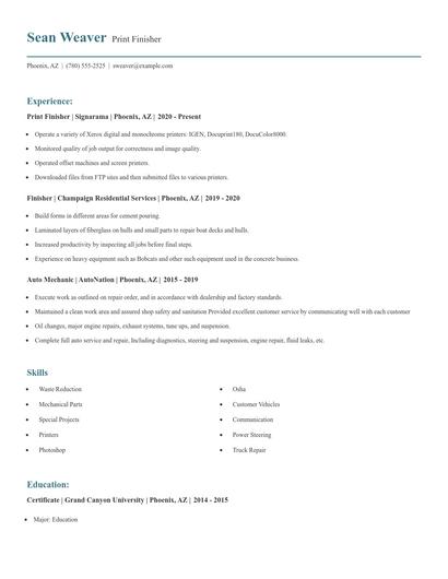 Print Finisher Resume