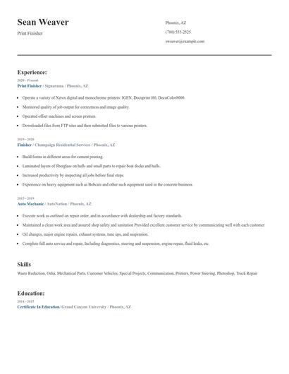 Print Finisher Resume